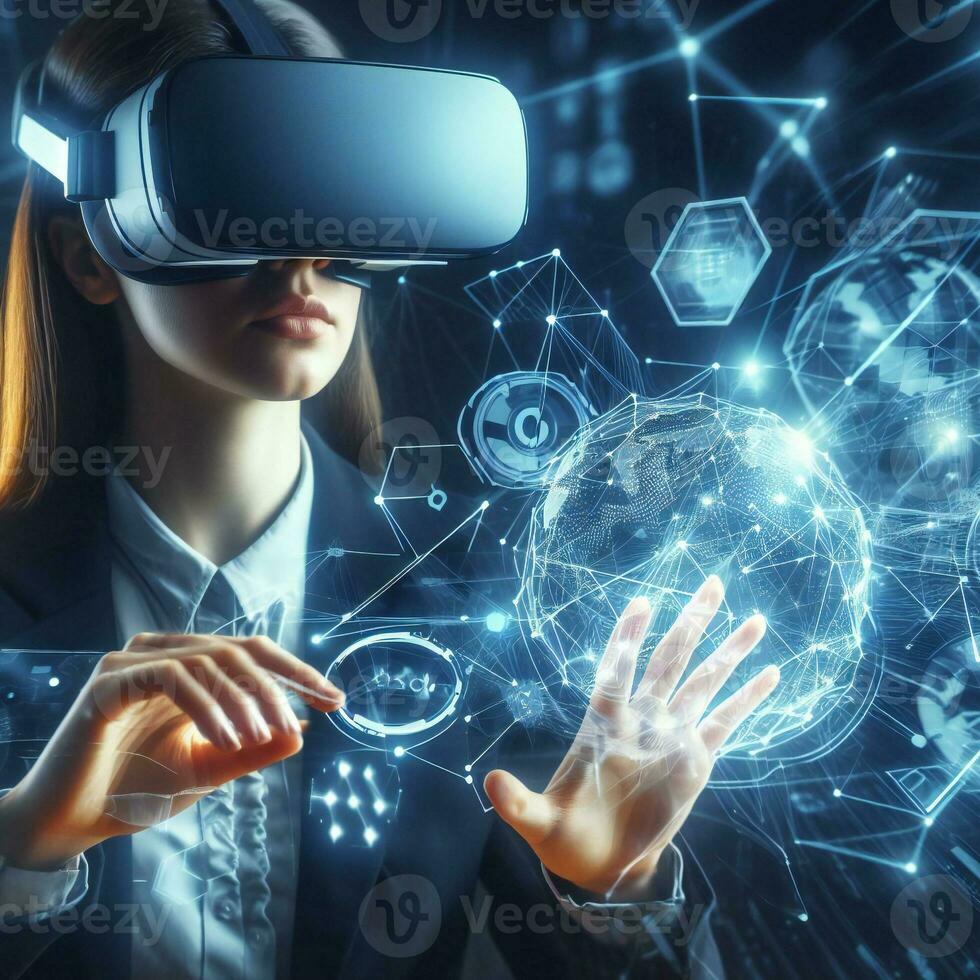 Woman wearing VR headset for working futuristic technology innovation ai generative photo