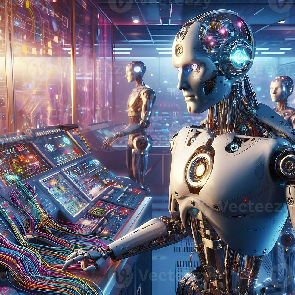 Ai robots typing on keyboards for developing artificial intelligence technology ai generative photo