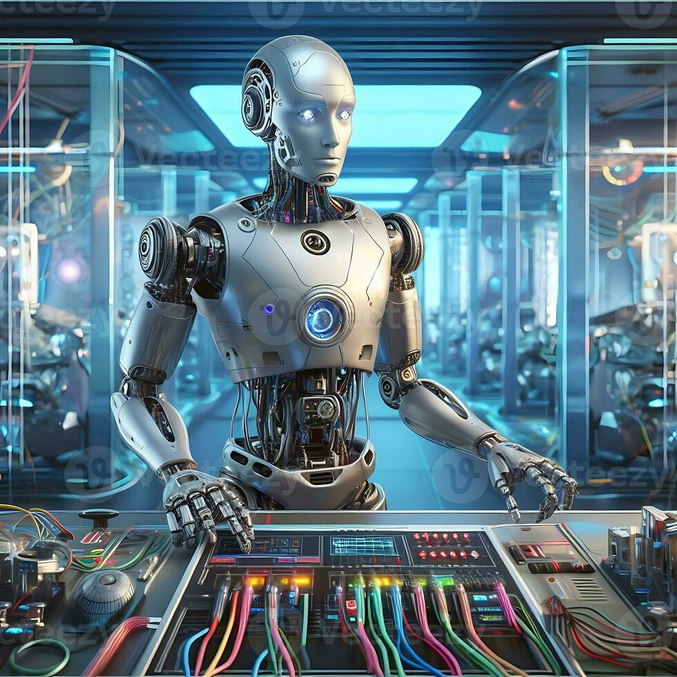 Ai robots typing on keyboards for developing artificial intelligence technology ai generative photo