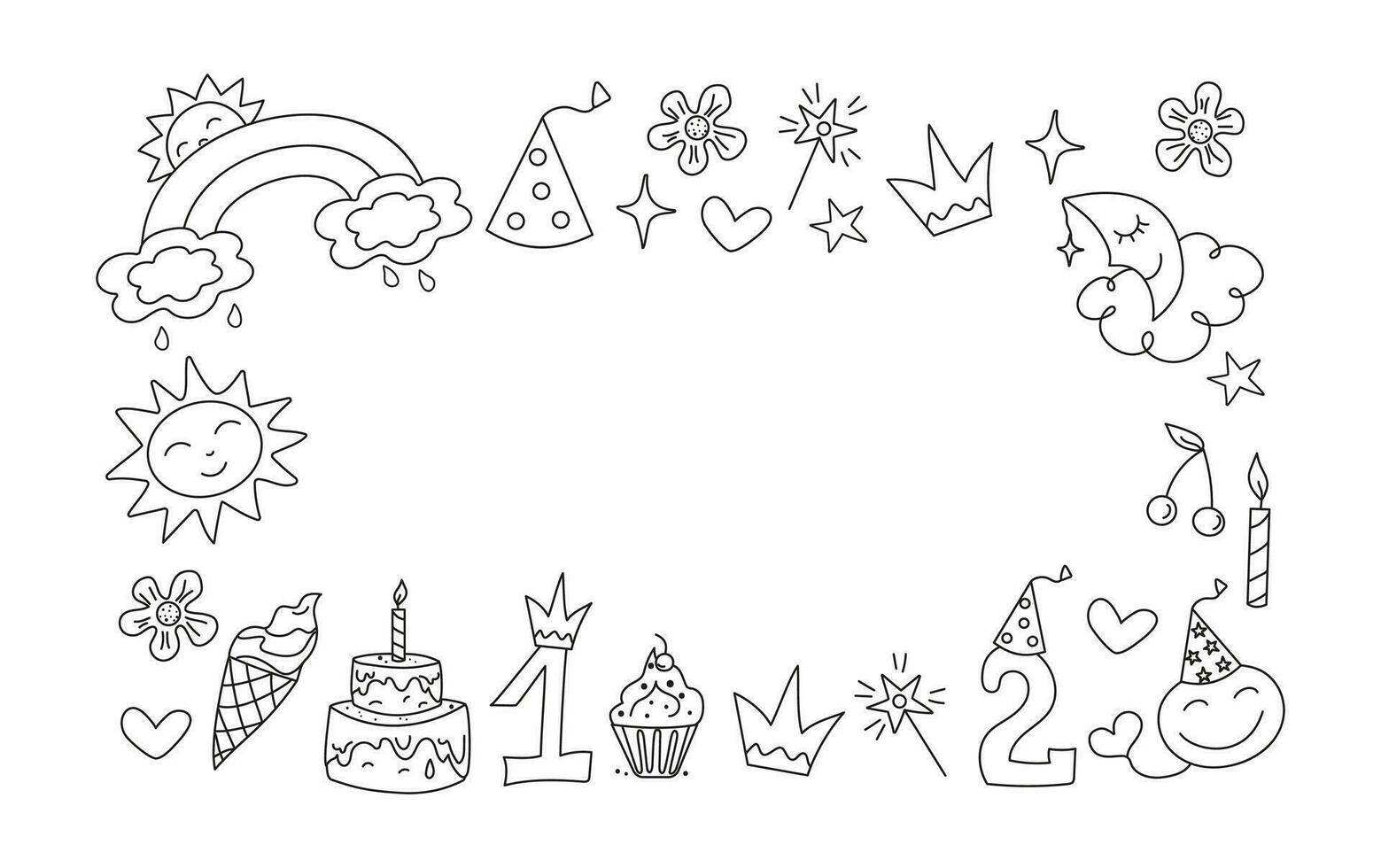 Frame, banner Birthday. Set Cute badges, cartoon birthday attributes. Children's holiday vector