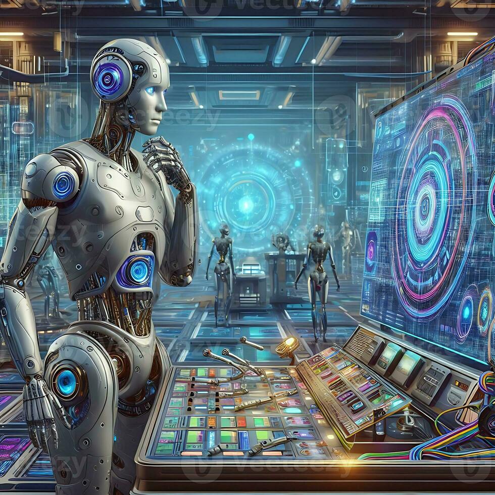 Ai robots working for developing artificial intelligence technology ai generative photo