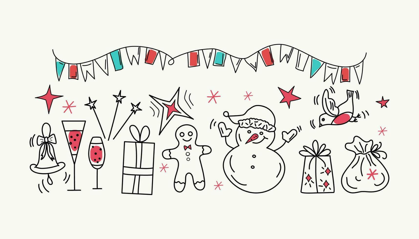 Set Gifts, snowman in Santa's hat. Hand drawn icons. vector