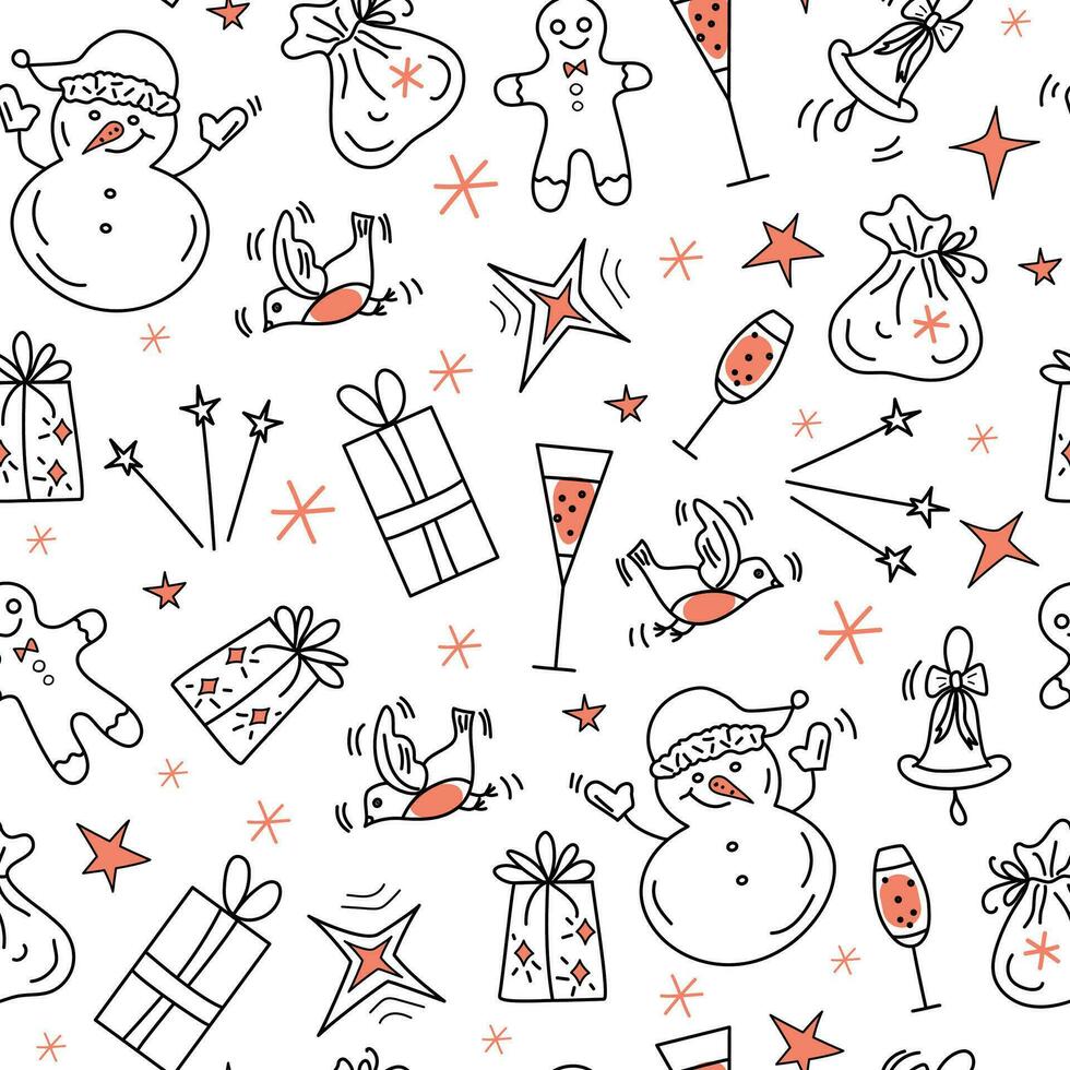 Pattern. Gifts, snowman in Santa's hat, alcoholic drinks, gingerbread man. Flags, festive decor. Boxing Day. vector