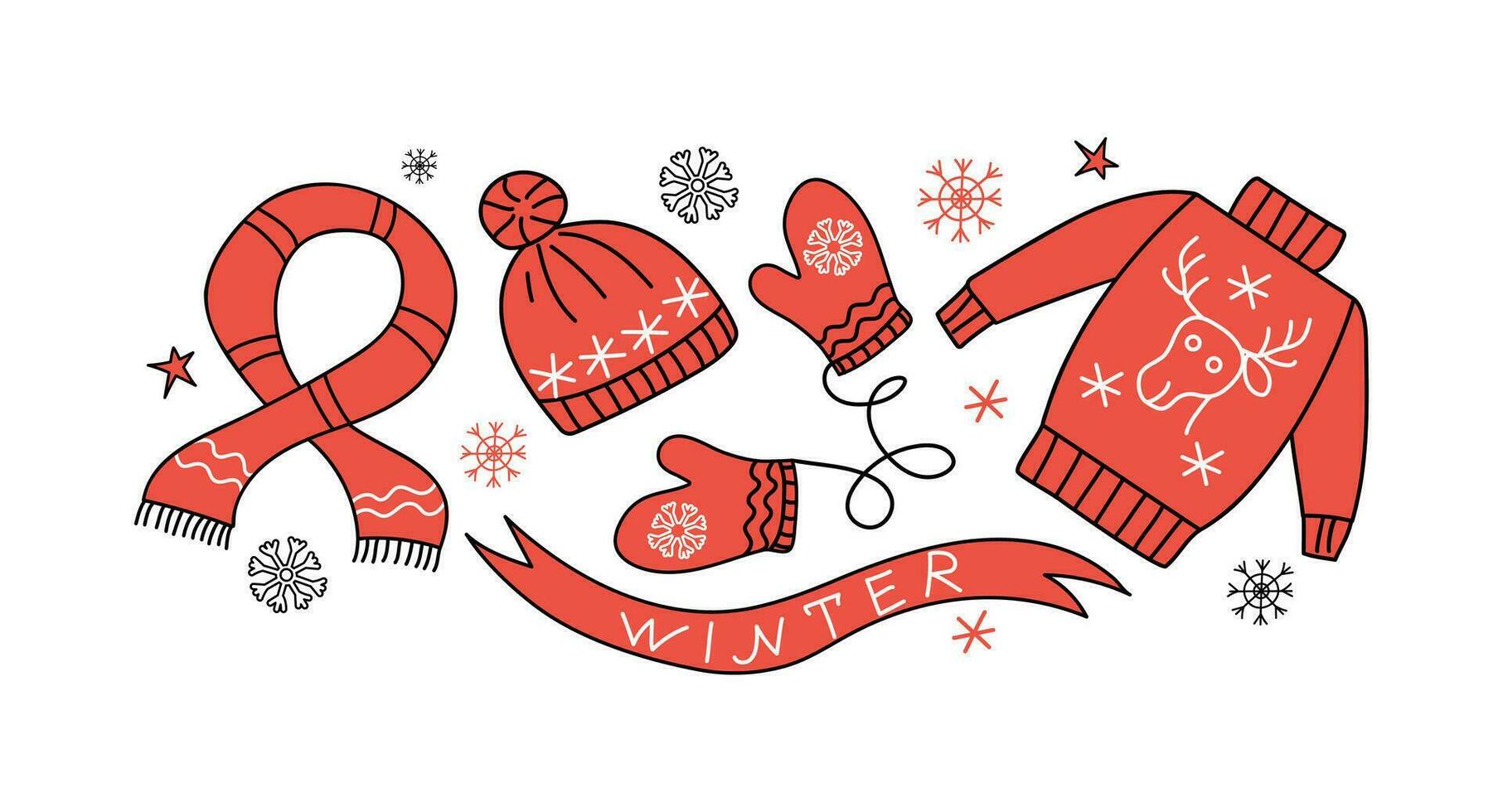 Knitted clothes. Winter season. Drawings of warm, cozy clothes. Set of winter icons, lettering. Vector New Year badges in doodle style. Christmas ornament. Illustrations on an isolated background.