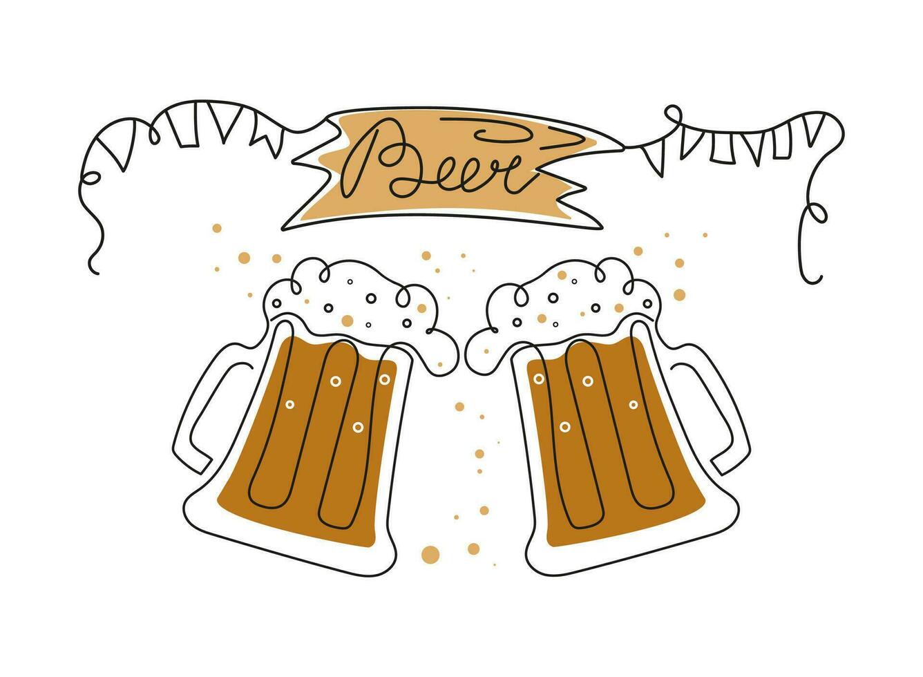 Beer Day, festival, holiday. Set of beer mugs in line art style. Wooden sign with lettering. Calligraphy, outline drawing. Oktoberfest, October. Vector illustration, background isolated.