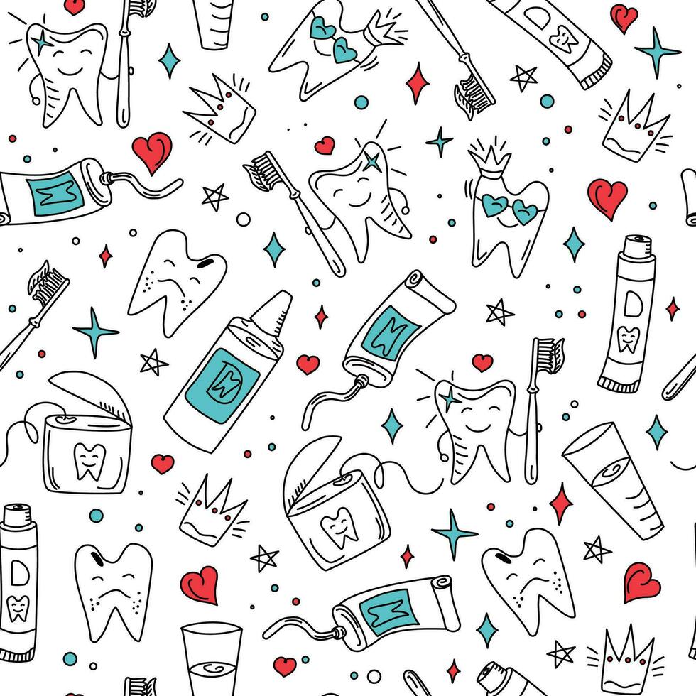 Pattern Hand drawn dental vector set. Toothpaste, cartoon tooth, dental floss and toothbrush in doodle style. Dental care. Healthy tooth and diseased tooth.