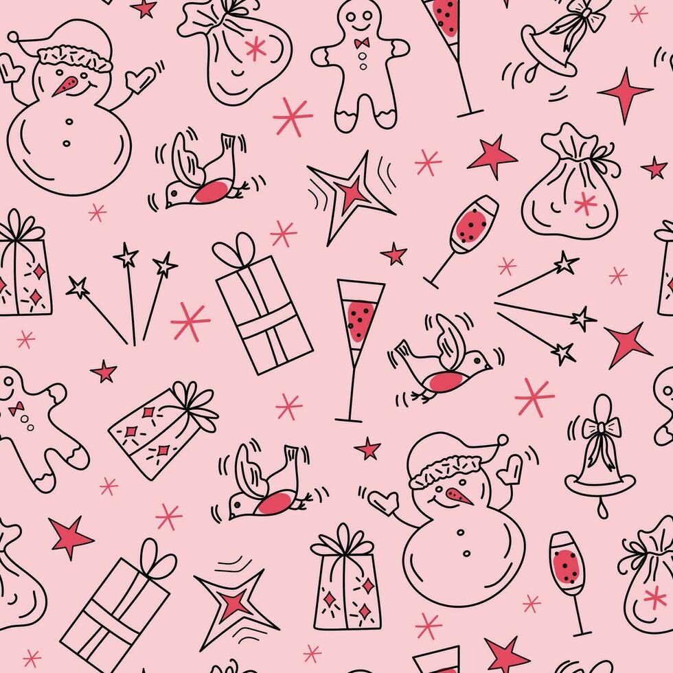 Pattern. Gifts, snowman in Santa's hat, alcoholic drinks, gingerbread man. Flags, festive decor. Boxing Day. vector