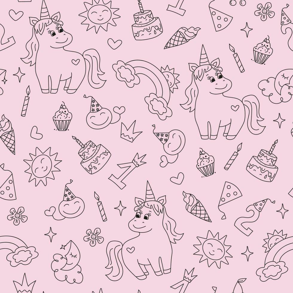 Cute unicorn, pony, cartoon birthday attributes. Pattern Children's holiday, magic doodles. vector