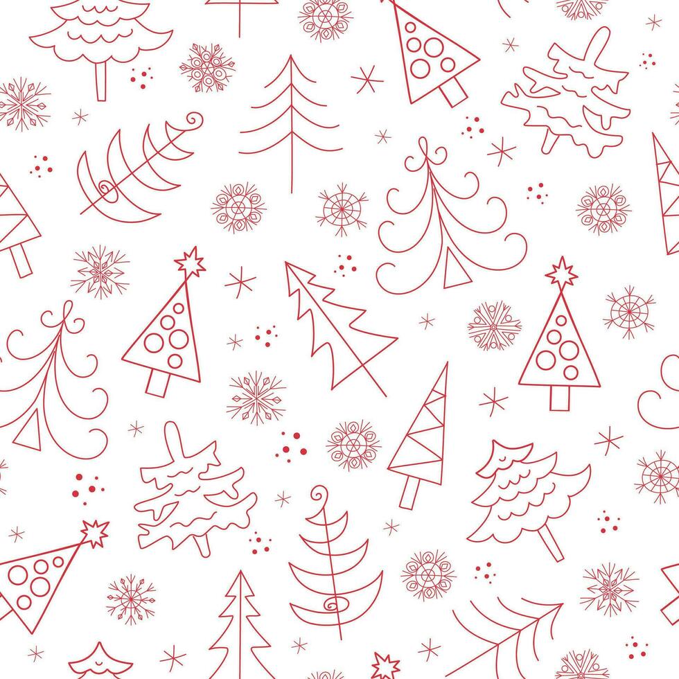 Pattern Christmas trees and snowflakes in doodle style. New Year vector illustration.