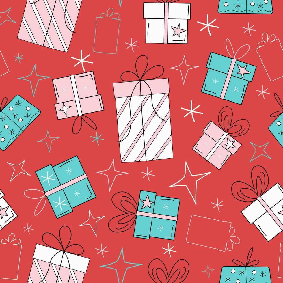 Gifts vector seamless pattern. Boxes with gifts and, snowflakes and stars. Graphic resource for holiday packaging design.
