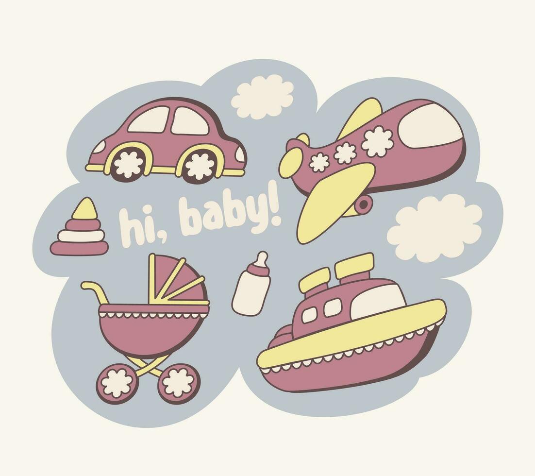 Hi baby. Vector set of childish items. Newborn concept