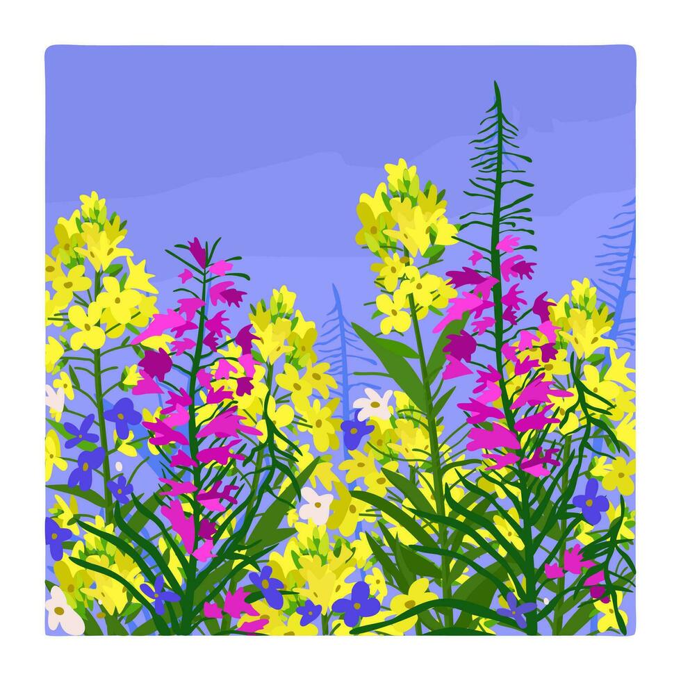 Field of bright wildflowers. Vector illustration.
