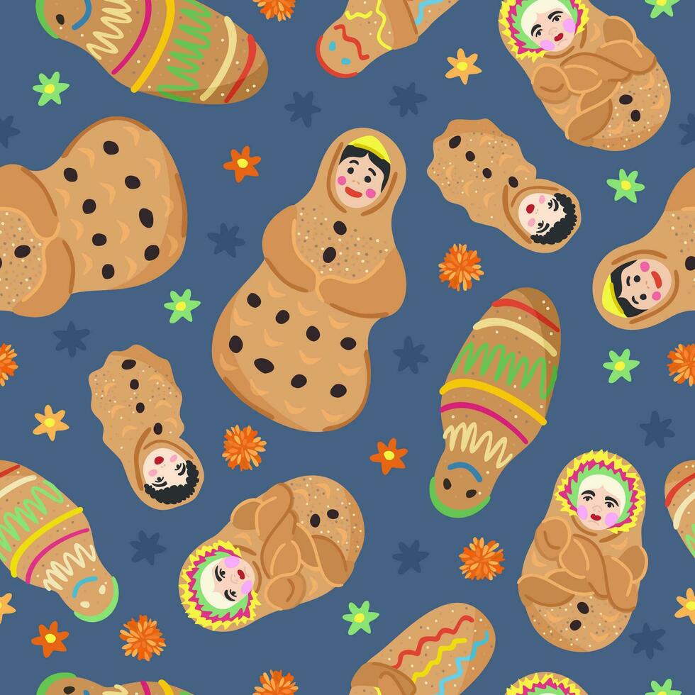 Vector seamless pattern with ecuadorian bread babies and marigolds