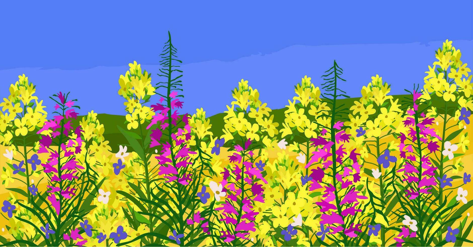 Summer field of flowers. Vector landscape.