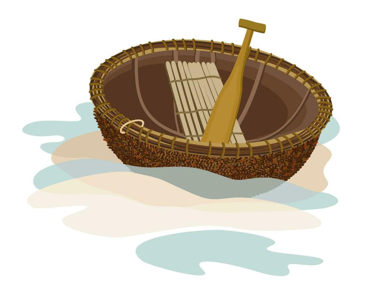 Vietnamese round fishing boat in sand and waves. Vector isolated illustration