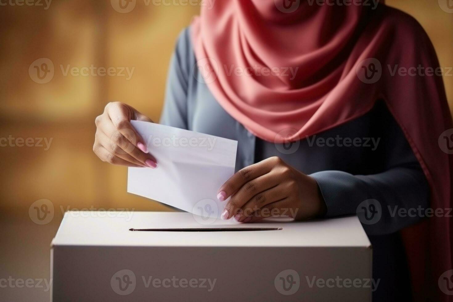 Female voter hand putting bulletin in ballot box. Generative AI photo