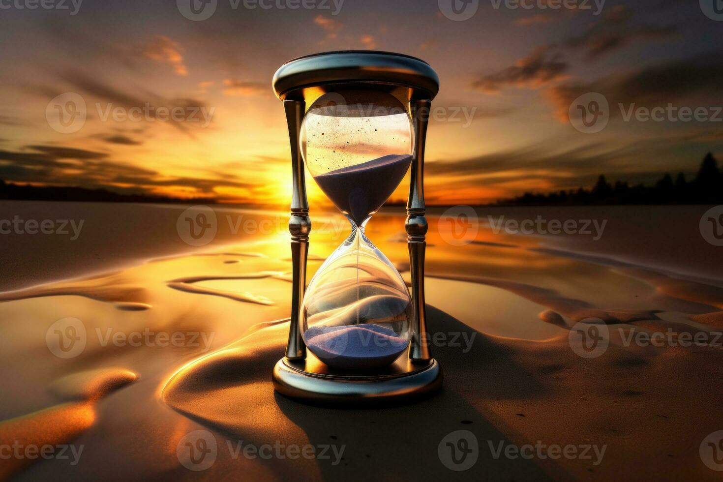 Hourglass on sand beach at sunset. Generative AI photo