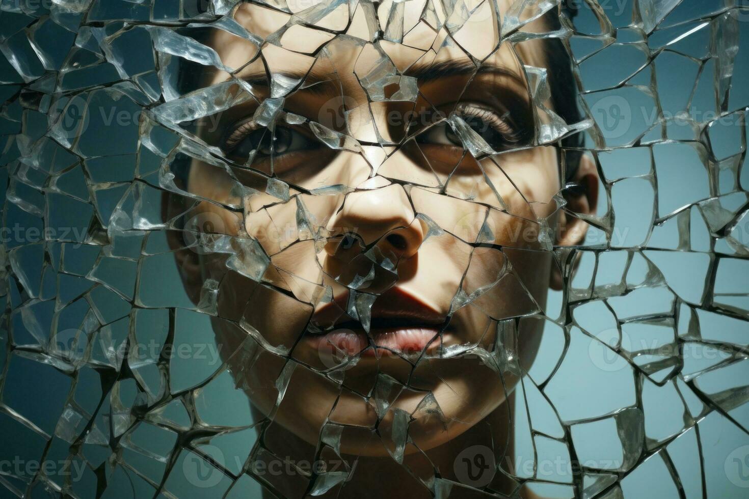 Face looking through shattered mirror. Generative AI photo