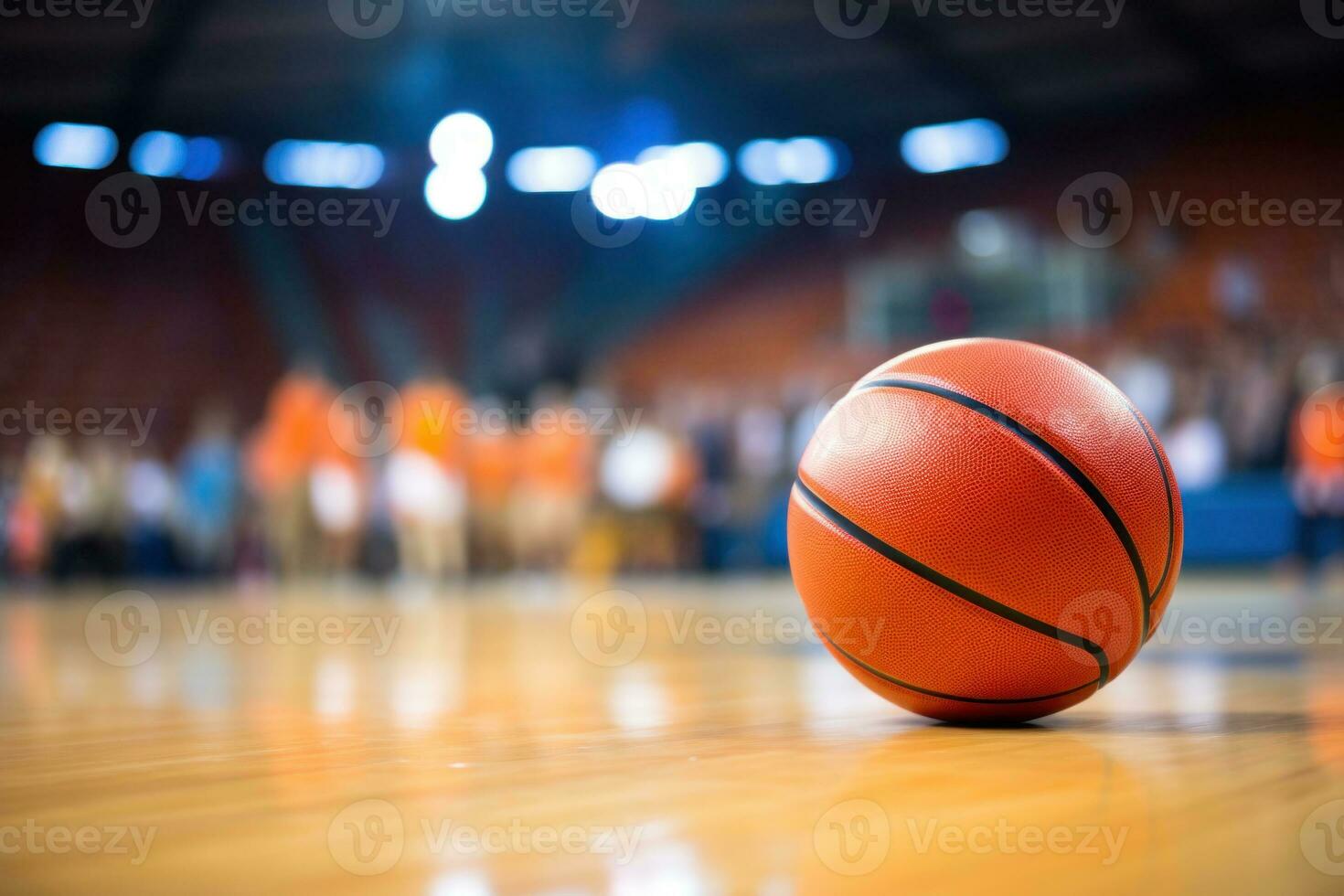 Basketball ball on court with stadium background. Generative AI photo