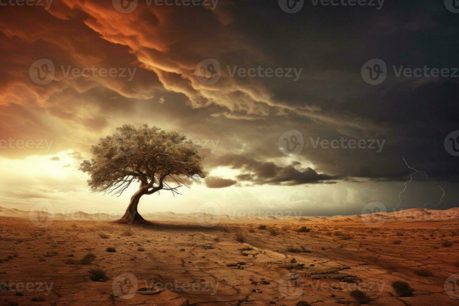 Lonely tree in desert landscape with stormy sky. Generative AI photo