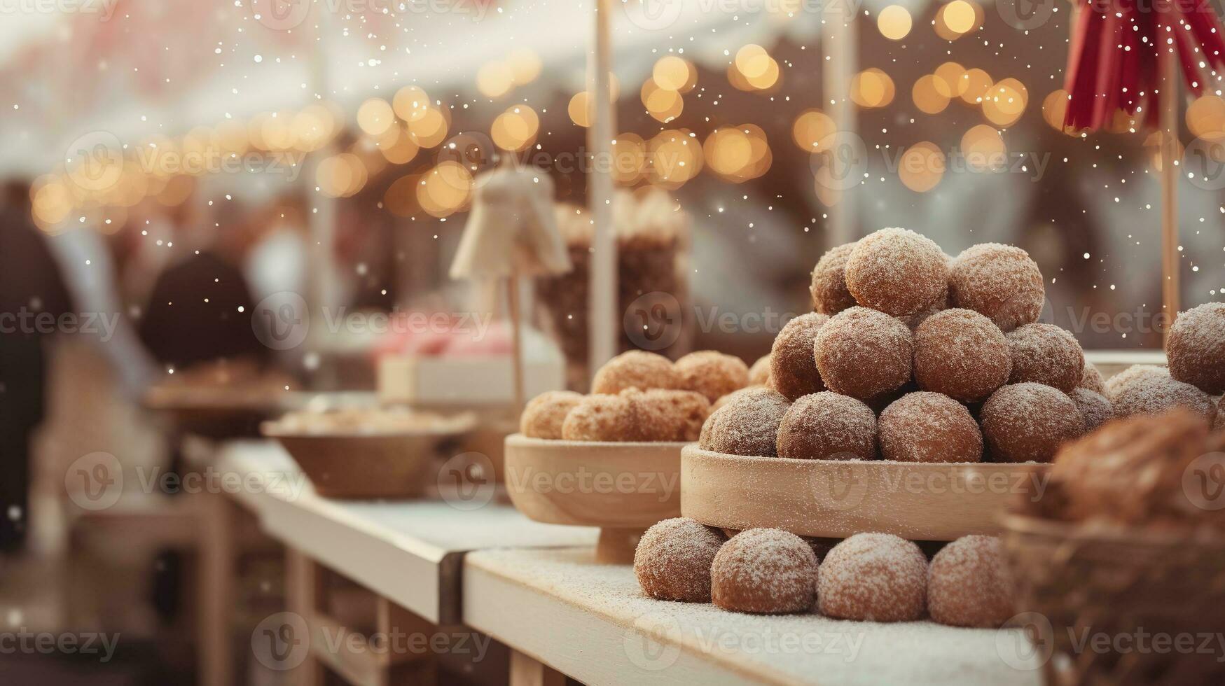 Generative AI, Christmas fair blurred background, winter street market in Europe photo