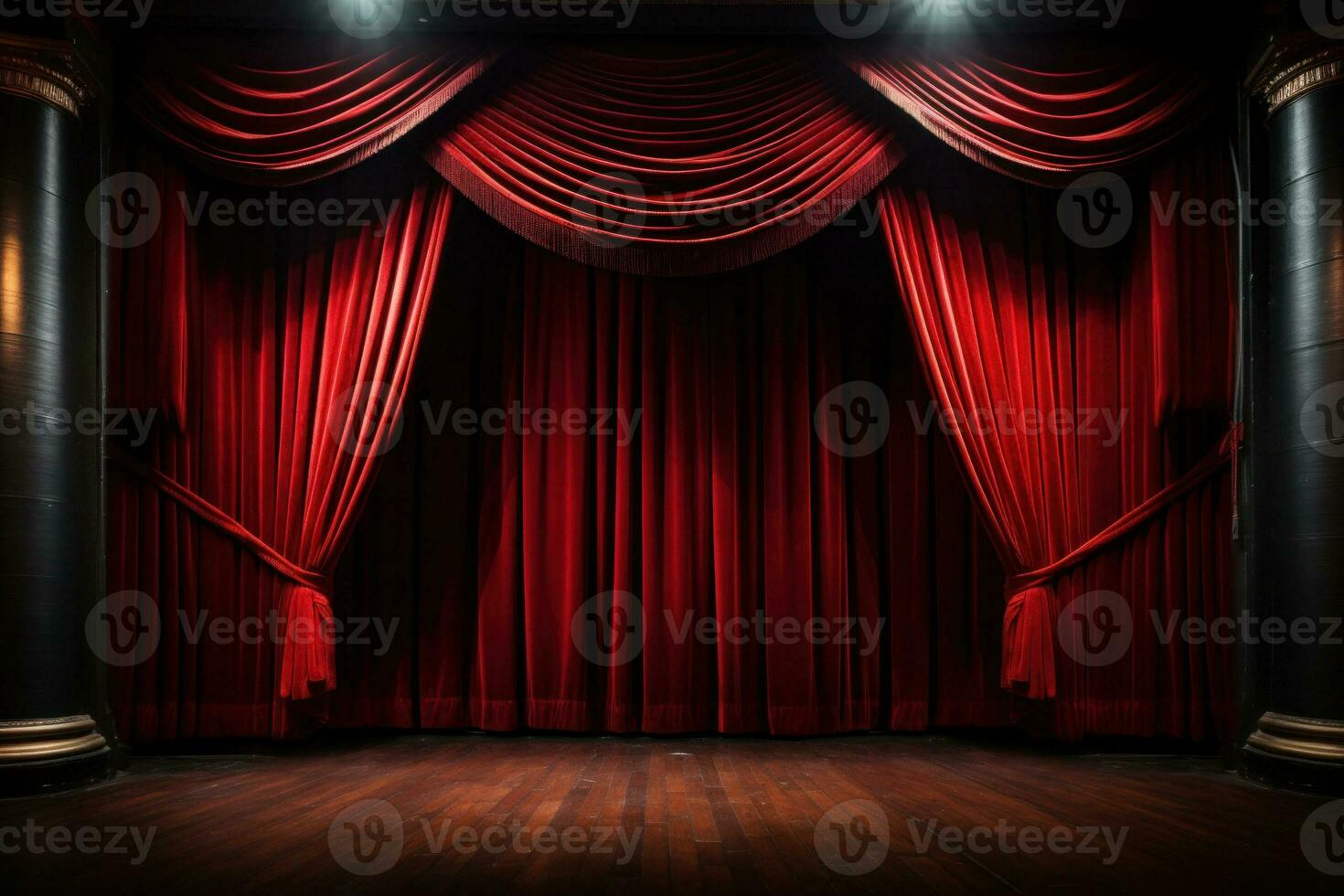 Empty theatre stage with red curtains. Generative AI photo