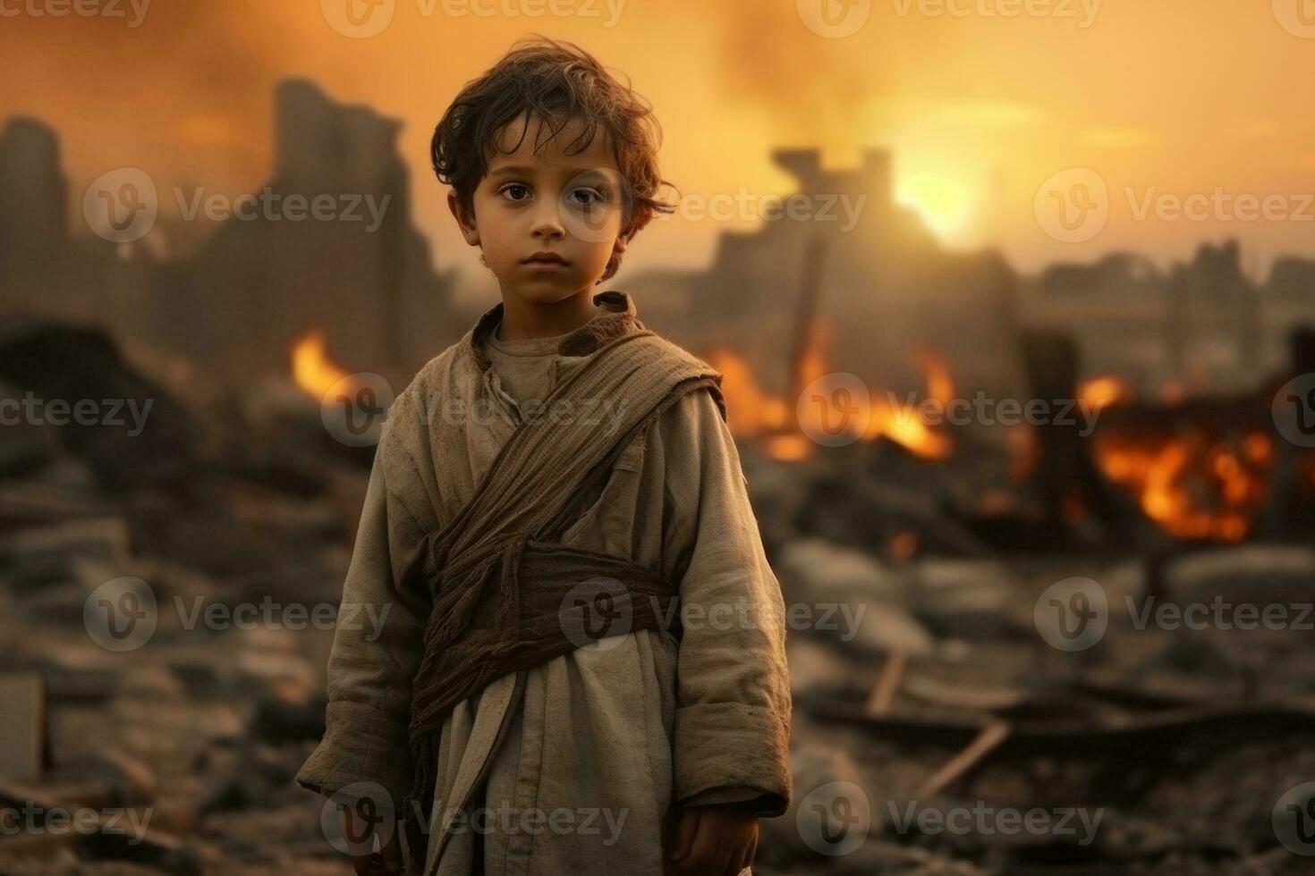 pequeño chico en pie en restos durante guerra. generativo ai foto