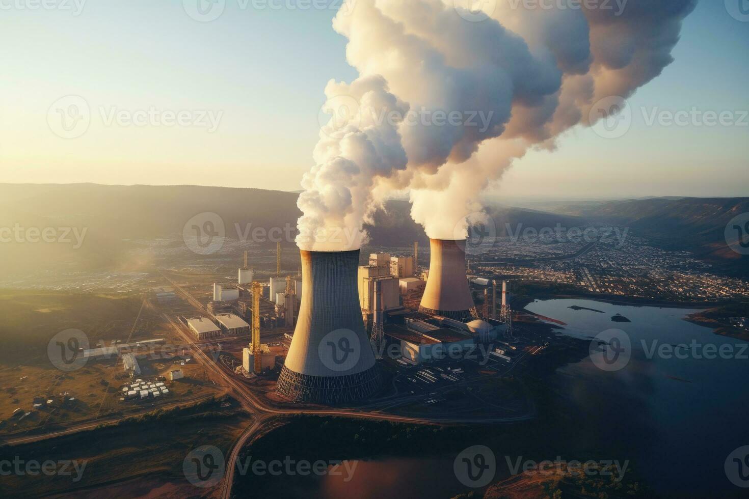 Nuclear power plant, aerial view. Generative AI photo