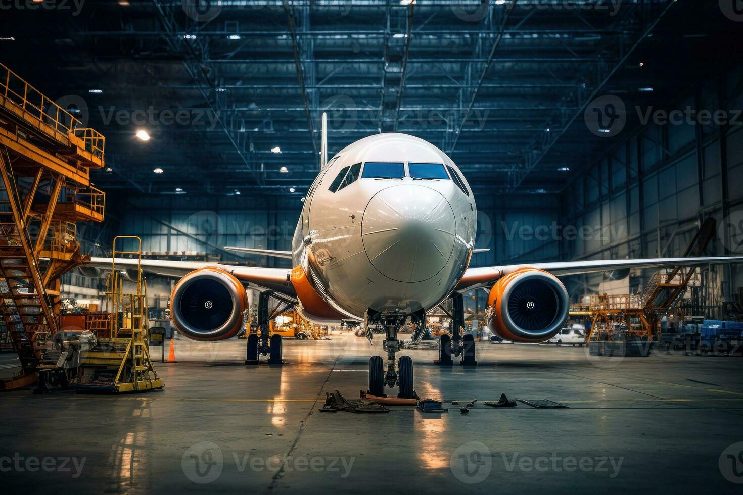 Airplane maintenance in hangar. Generative AI photo