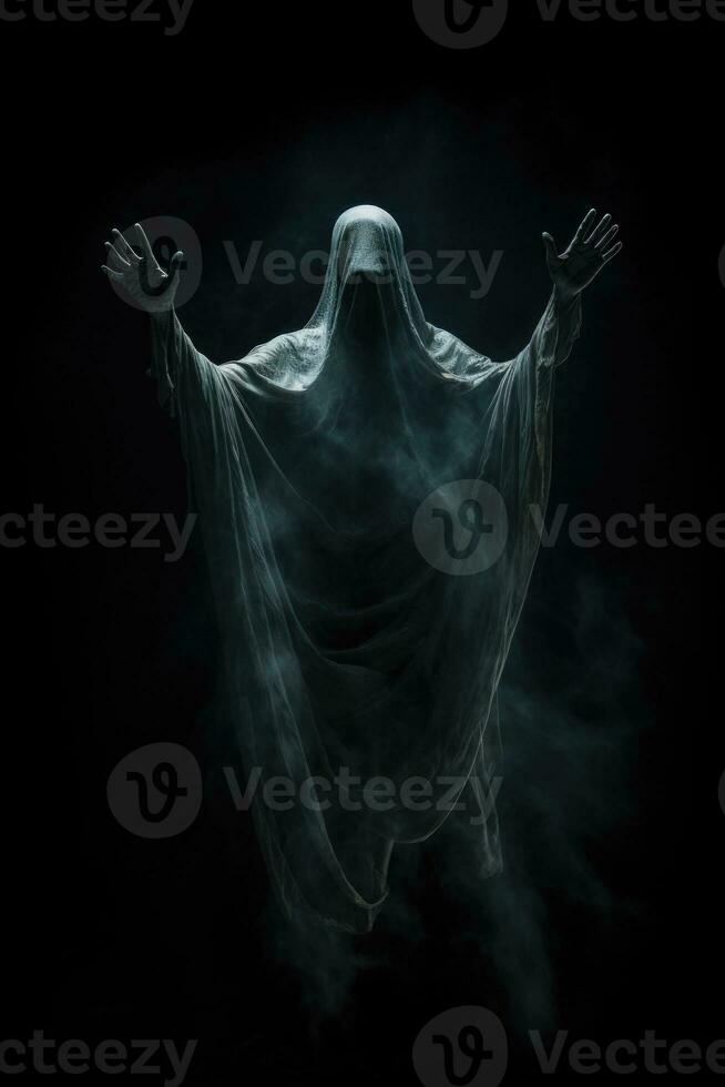 Scary ghost on dark background. Generative AI photo