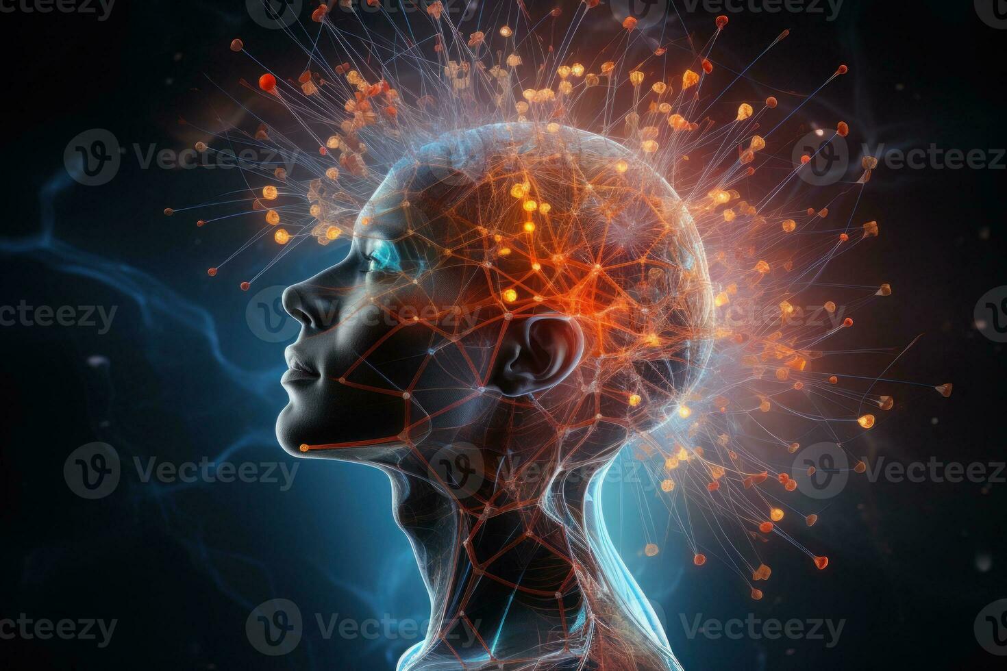 Human head with glowing neurons. Generative AI photo