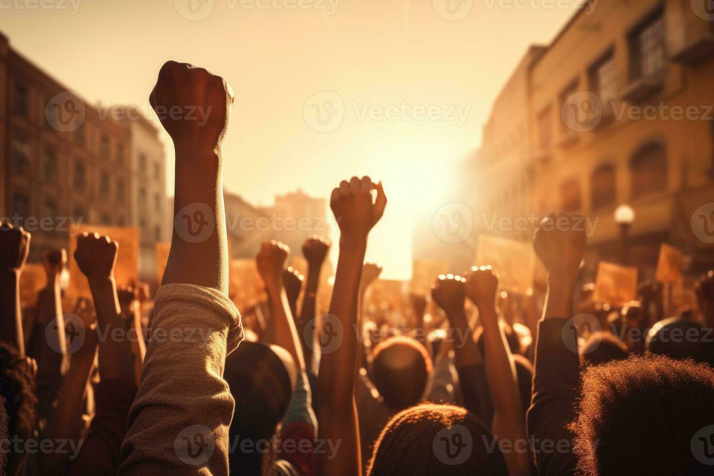 People protesting at city street. Generative AI photo