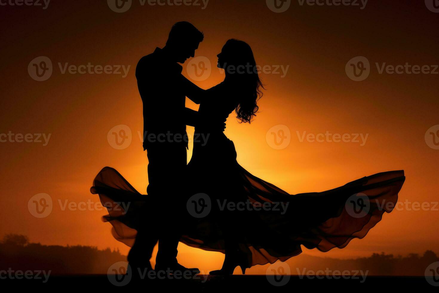 Silhouette of dancing couple at sunset. Generative AI photo