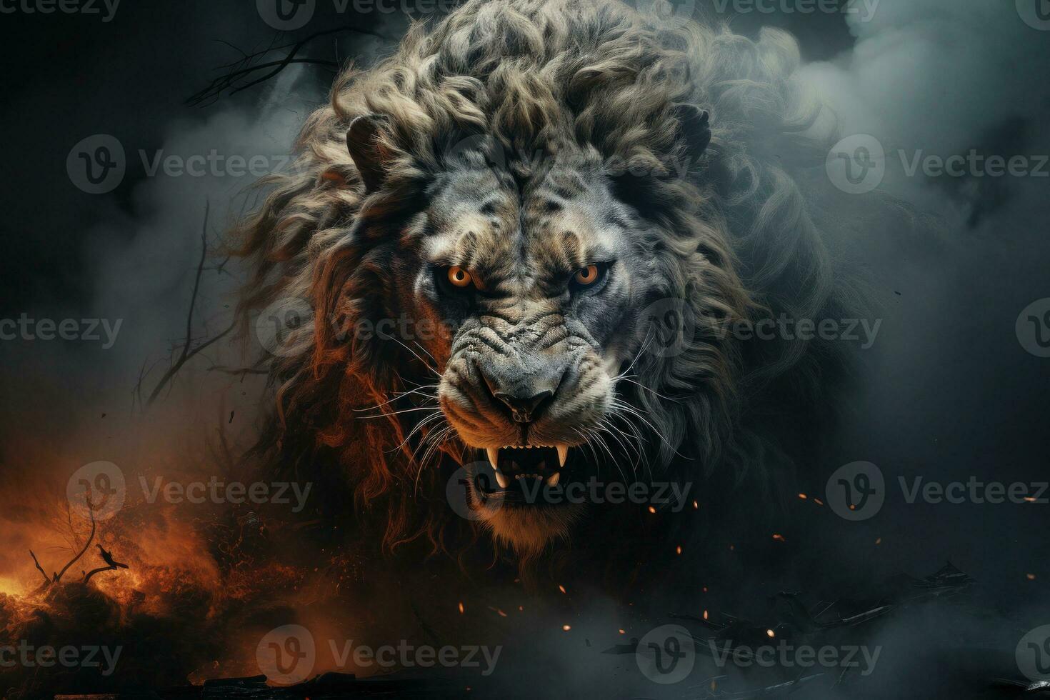 Close up portrait of aggressive lion. Generative AI photo