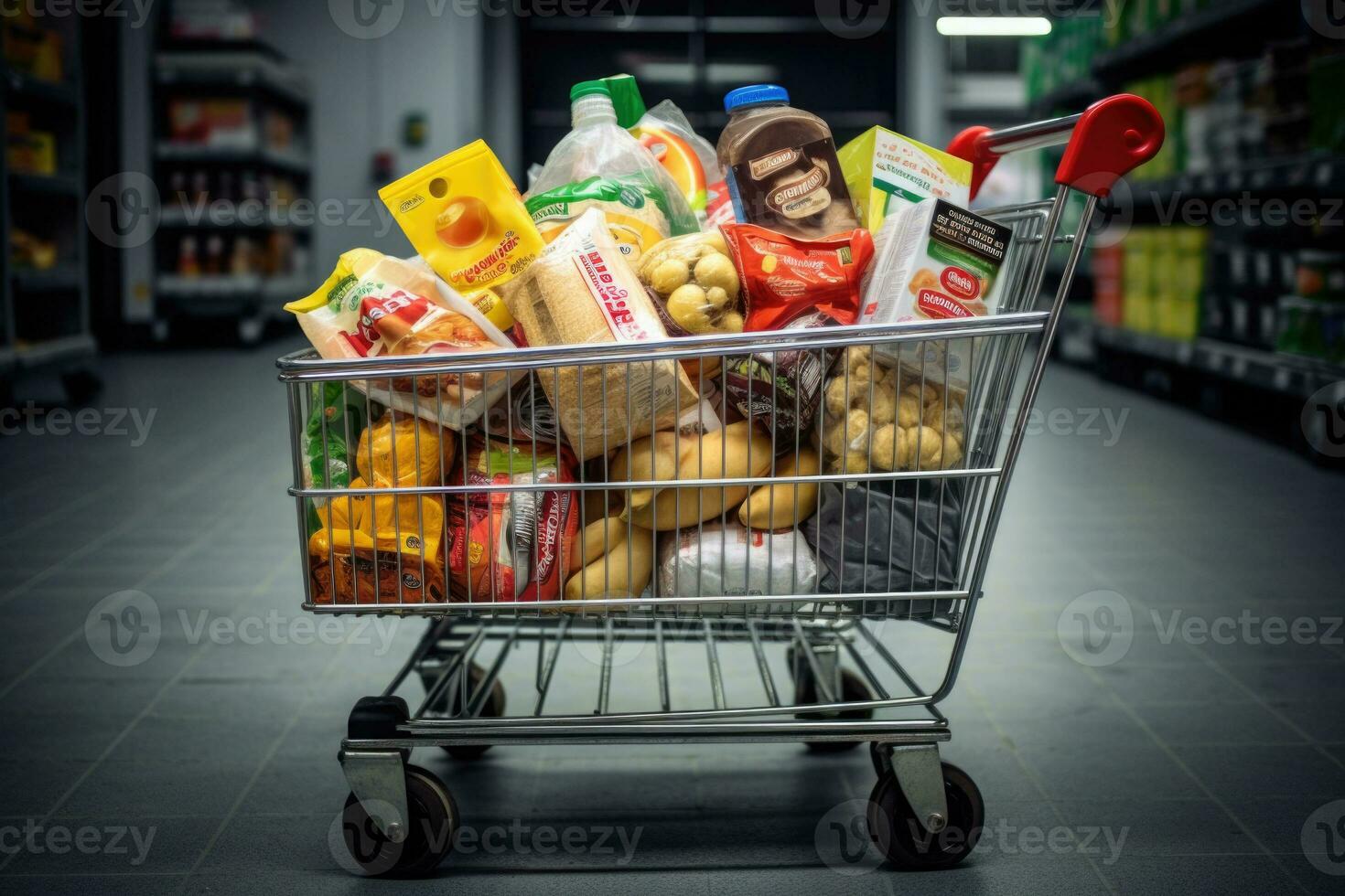 Shopping cart full of product in grocery store. Generative AI photo