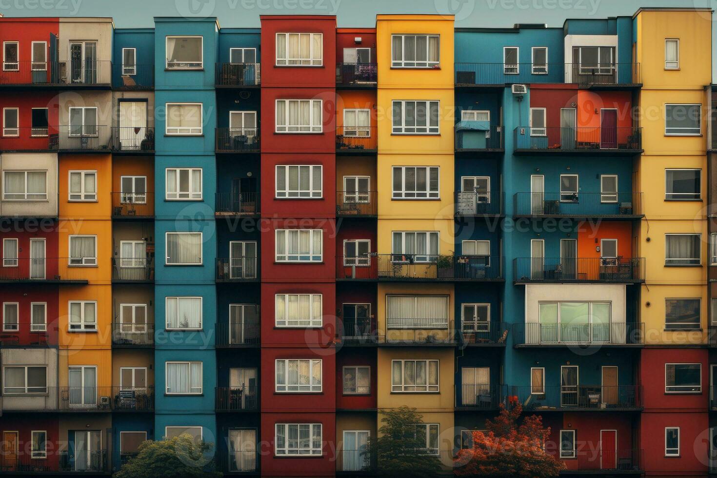 Colored residential building facade with balconies. Generative AI photo