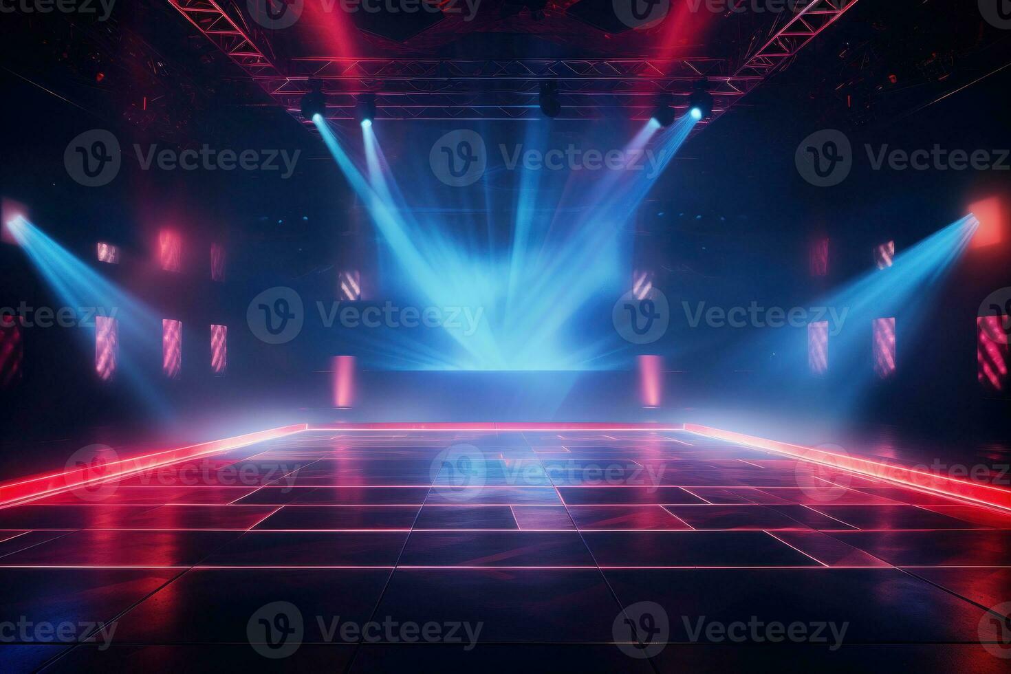 Empty concert stage with illuminated neon glowing spotlights. Generative AI photo
