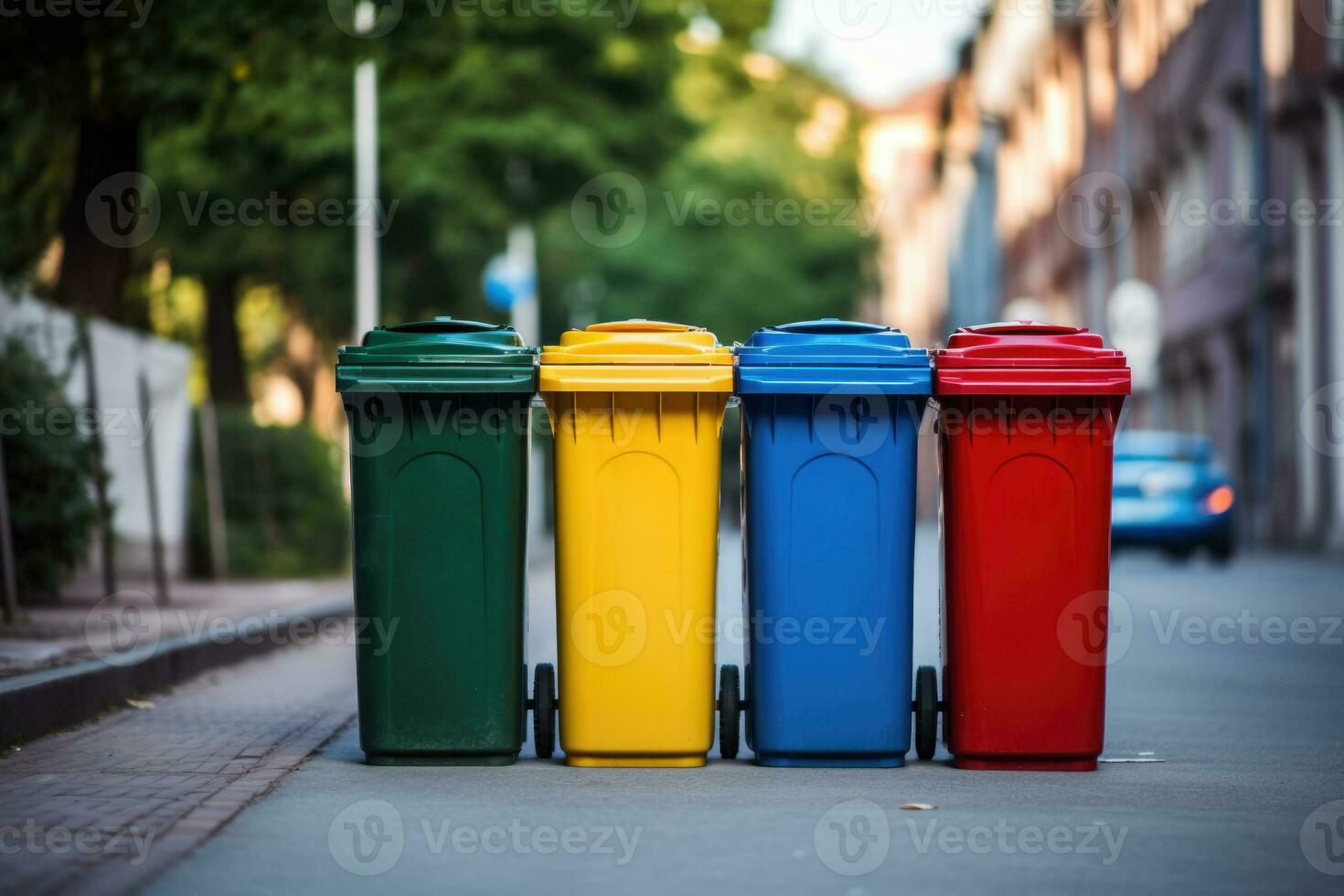 Colored garbage cans for sorting garbage. Generative AI photo