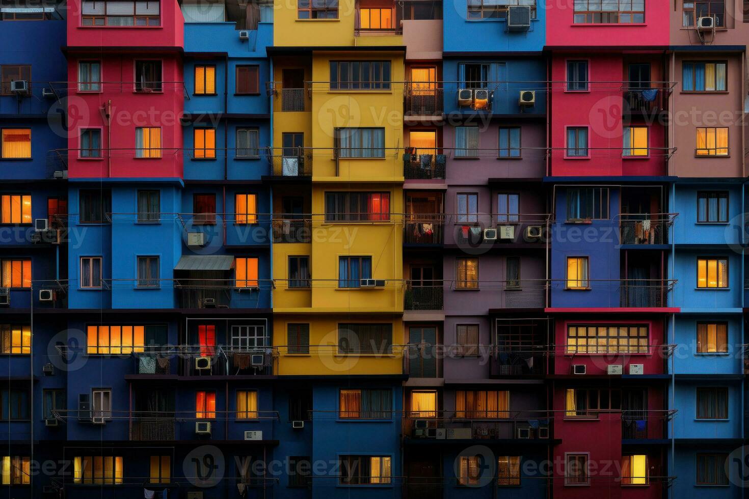 Colored residential building facade with balconies. Generative AI photo