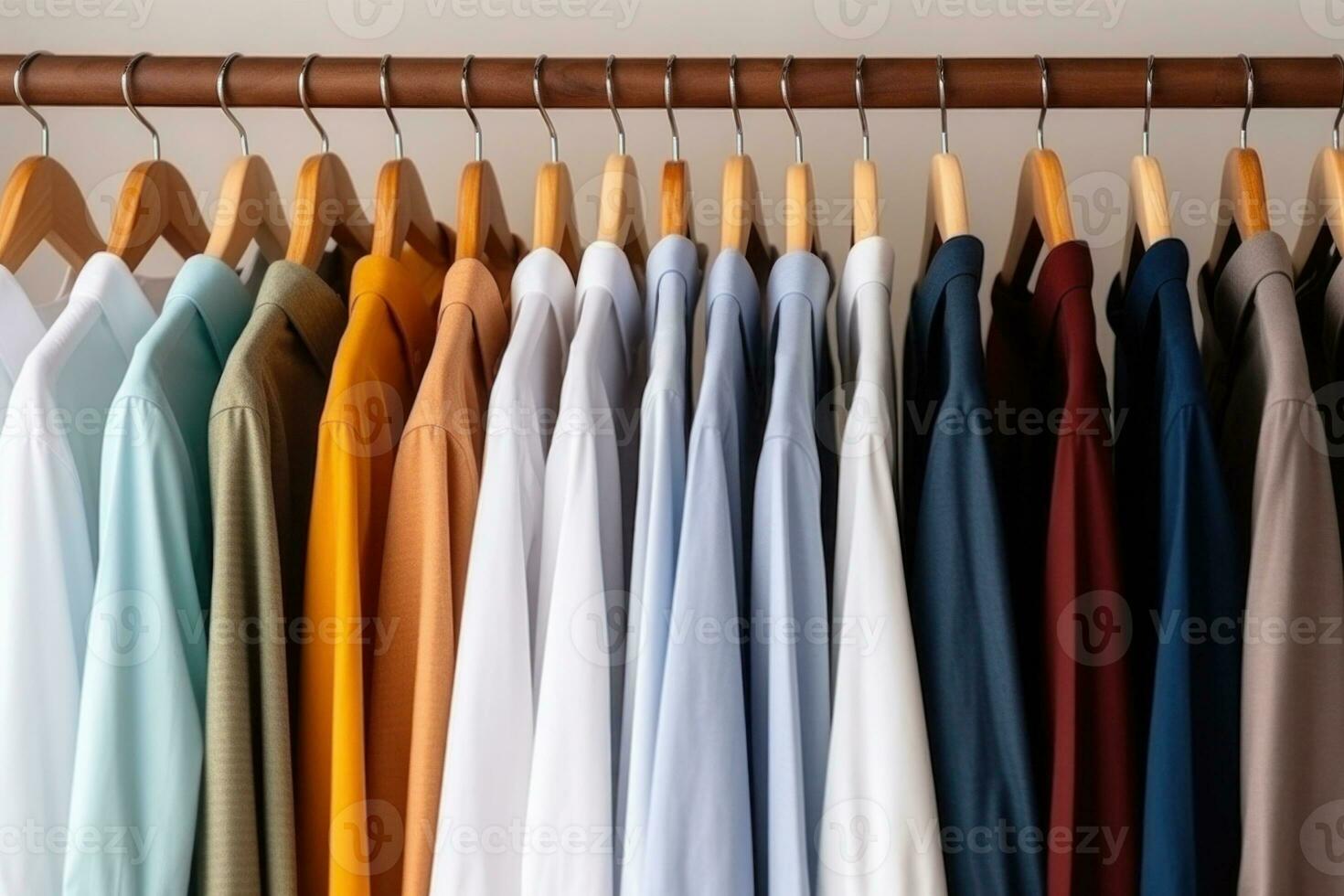 Colorful clothes on hangers in wardrobe. Generative AI photo