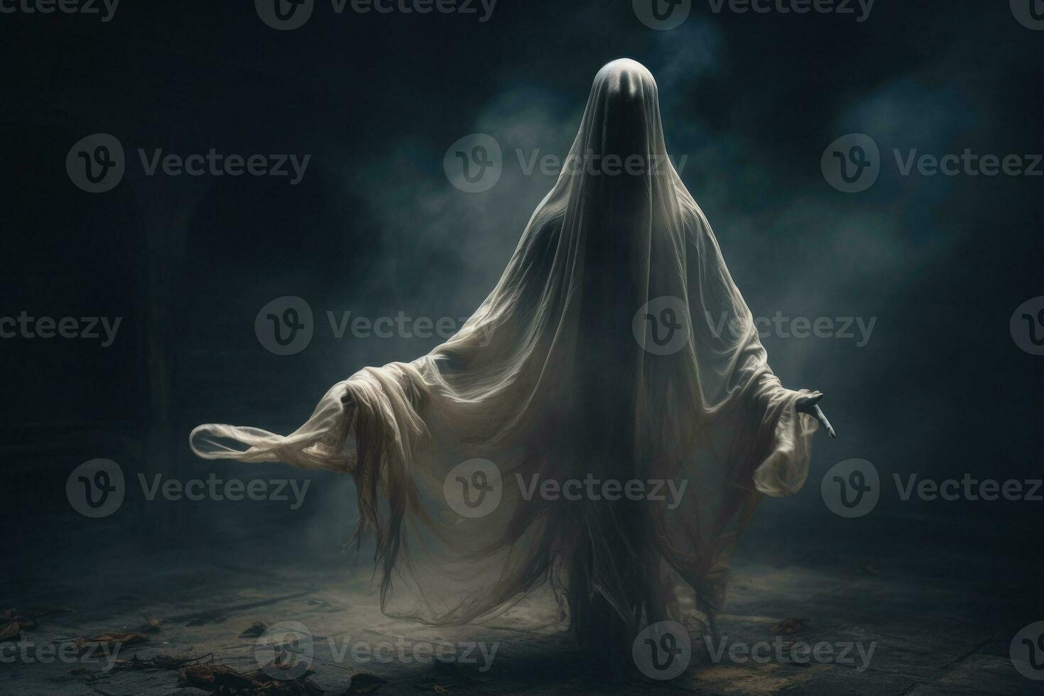 Scary ghost on dark background. Generative AI photo