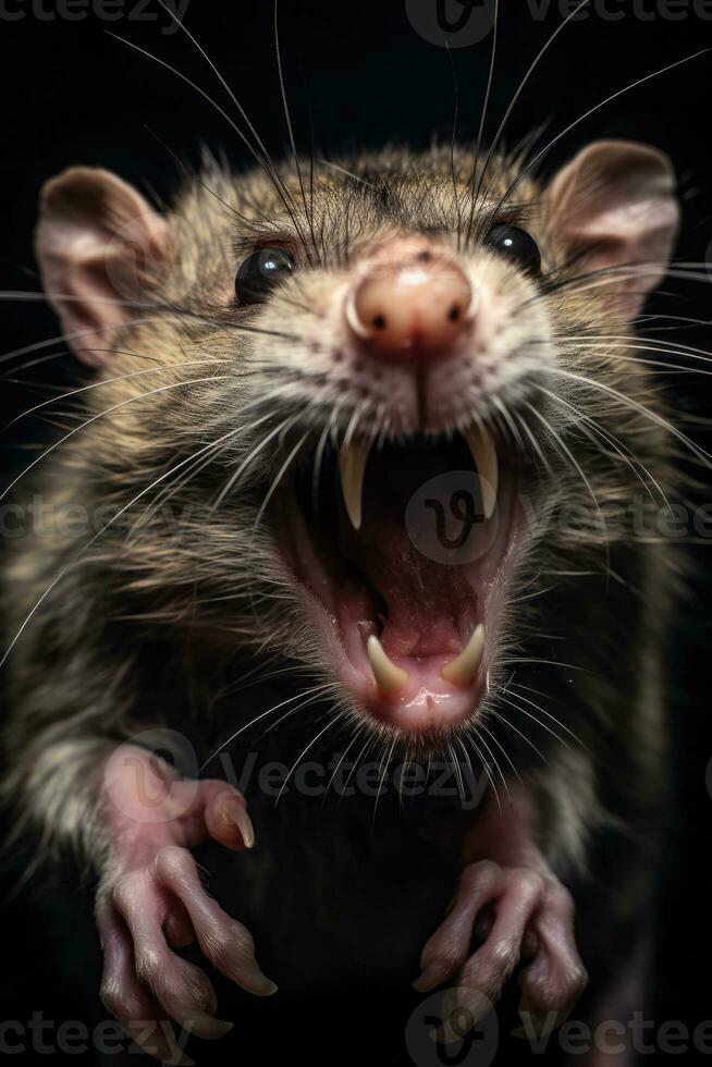 Aggressive rat on dark background. Generative AI photo