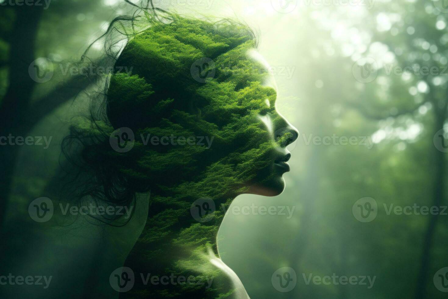 Double exposure portrait with woman and green forest. Generative AI photo