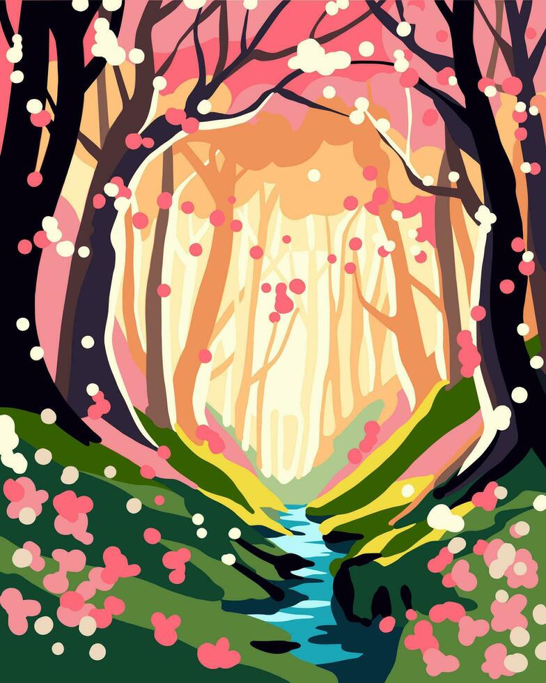 Vector abstract illustration of a stream flowing through a forest, cherry blossom forest, bright forest, bright landscape, spring landscape, vector, flat pattern, for banner, poster