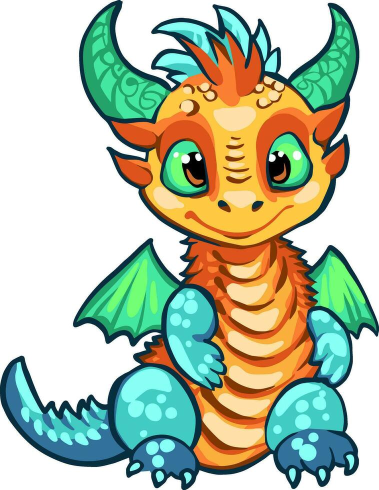 Cartoon Sitting dragon, cute little dragon, cute little blue dragon, just hatched dragon. Fairy tale monsters. Vector illustration.