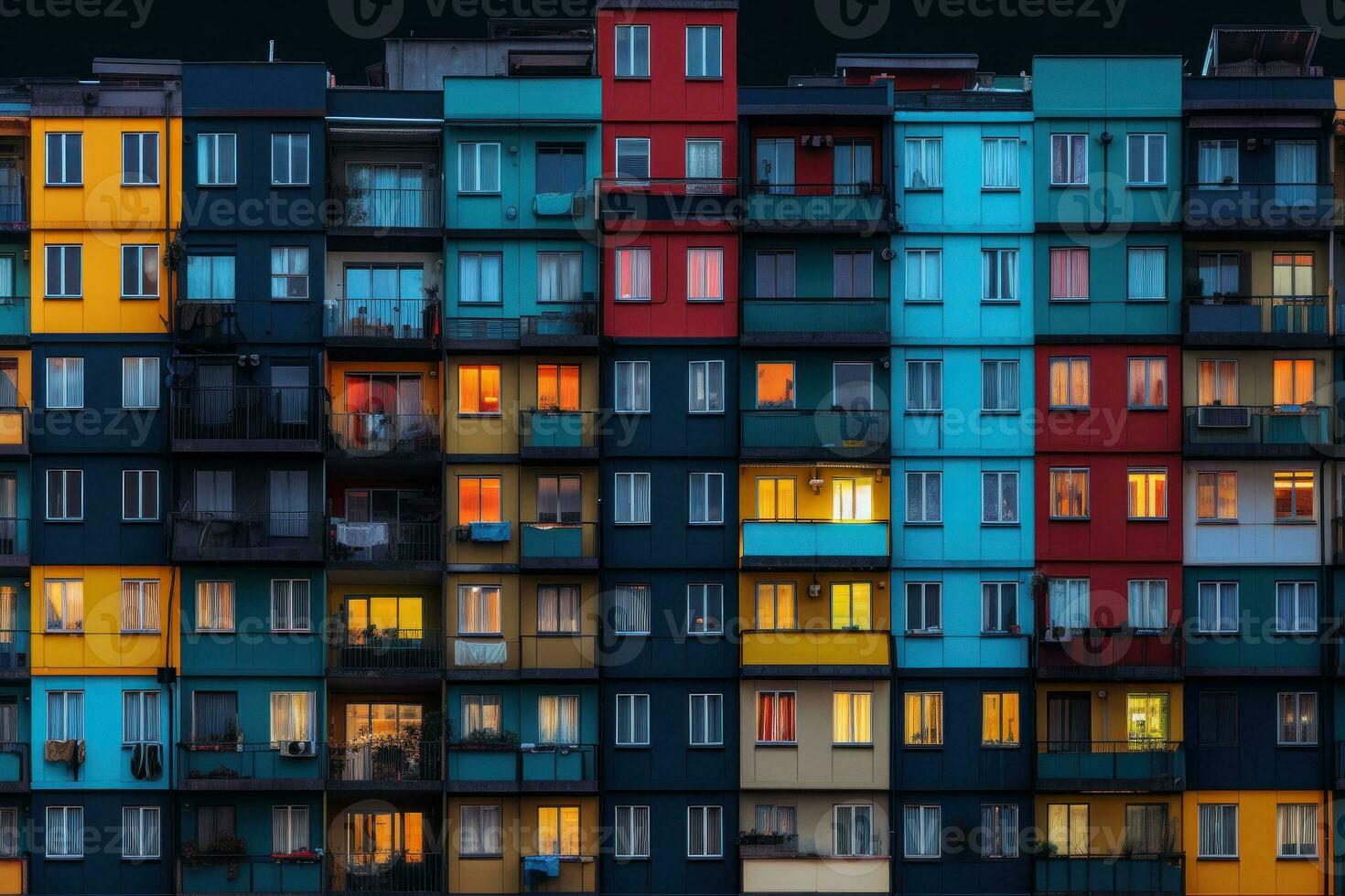 Colored residential building facade with balconies. Generative AI photo