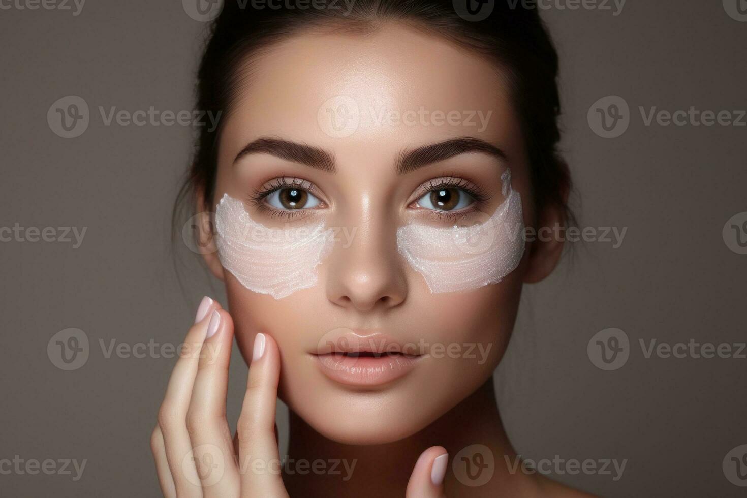 Woman applying moisturizing cream on face skin. Generative AI photo