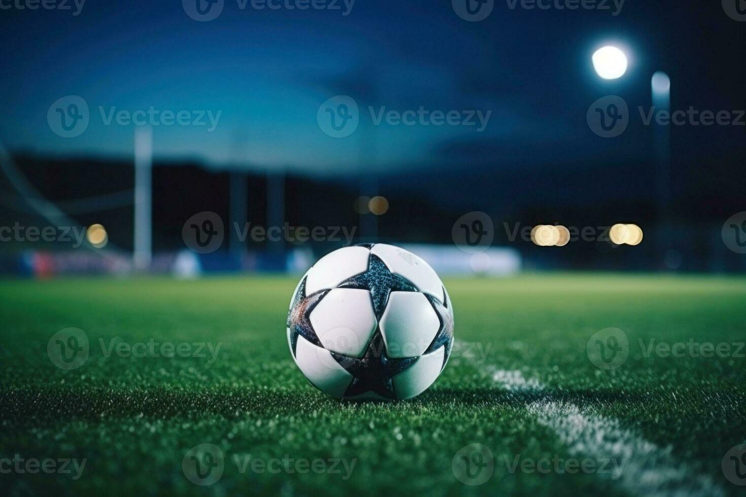 Soccer ball on green grass at sport stadium. Generative AI photo