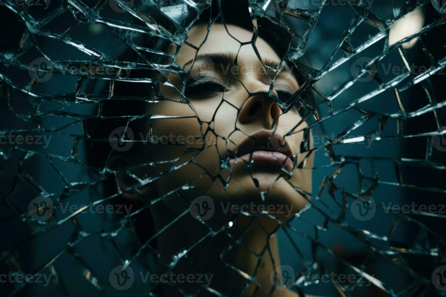 Face looking through shattered mirror. Generative AI photo