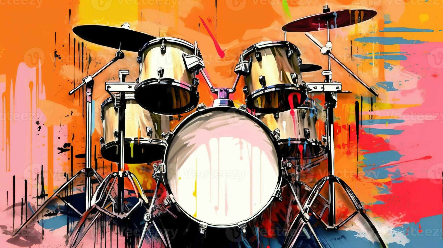 Generative AI, Jazz music street art with drums musical instrument silhouette. Ink colorful graffiti art on a textured wall, canvas background. photo